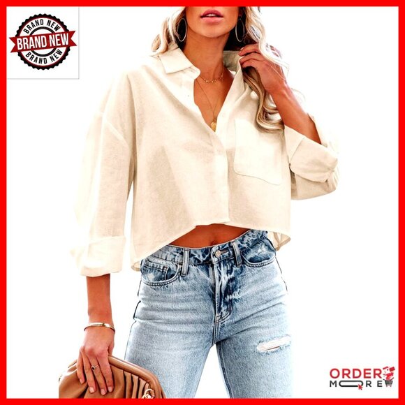 Tops - Long Sleeve Button Down Crop Top with Chest Pocket, 100% Cotton